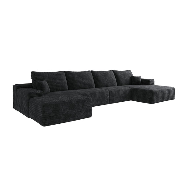 English Elm 107" Cloud Sectional Sofa With Ottoman - Plush Black Corduroy U-Shaped Couch For Ultimate Comfort W2824S00027
