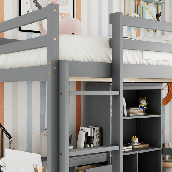 English Elm Full Size Loft Bed With Desk, Storage Solutions, Built-In Ladder & Guardrails For Safe Use In Grey W504S00160