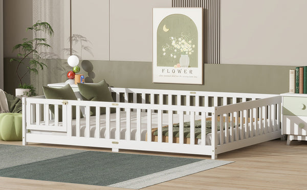 English Elm Queen Rubber Wood Floor Bed with Full Perimeter Safety Fence and Hinged Access Door White W504P429340