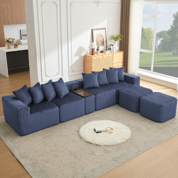 English Elm [new U-shaped Corduroy Sectional with Usb Charging Console and Movable Modules Blue W2108S00177