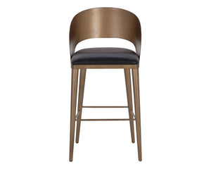 Sunpan Dezirae Barstool - Stylish Curved Back Design with Genuine Leather Seat and Unique Craftsmanship Antique Brass / Charcoal Black Leather