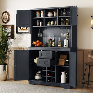 English Elm Coffee Bar Cabinet Dark Blue Farmhouse Buffet with Wine Cubbies, Stemware Rack, Drawers, Shelves & Prep Space Antique Blue W1580S00073