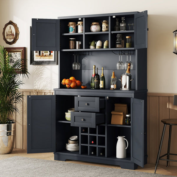 English Elm Coffee Bar Cabinet Dark Blue Farmhouse Buffet with Wine Cubbies, Stemware Rack, Drawers, Shelves & Prep Space Antique Blue W1580S00073