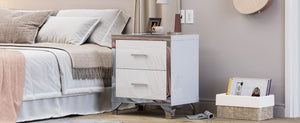 English Elm High Gloss Mirrored 2 Drawer Nightstand Slim Metal Legs Modern Bedroom Side Table White W5271P416521