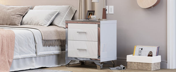 English Elm High Gloss Mirrored 2 Drawer Nightstand Slim Metal Legs Modern Bedroom Side Table White W5271P416521