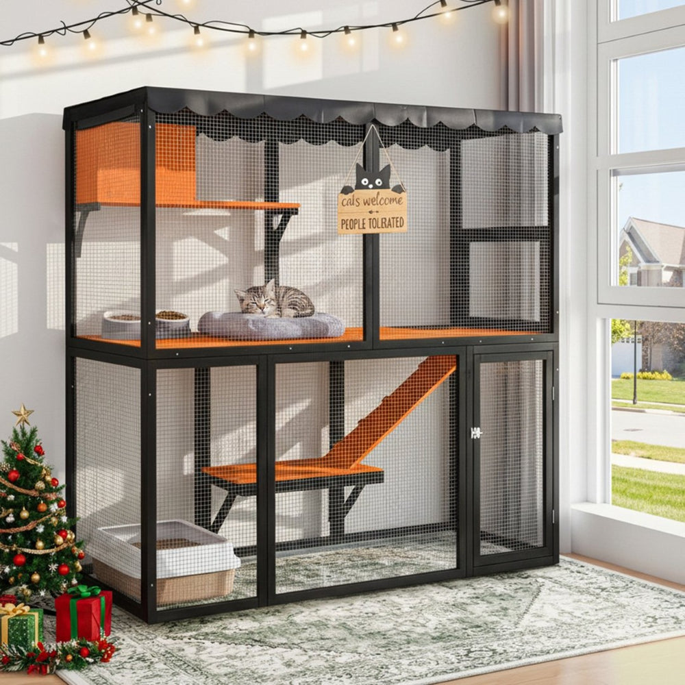 English Elm Wooden Walk-in Catio Enclosure for Multiple Cats with 4 Tier Levels and Waterproof Roof W3166P442040