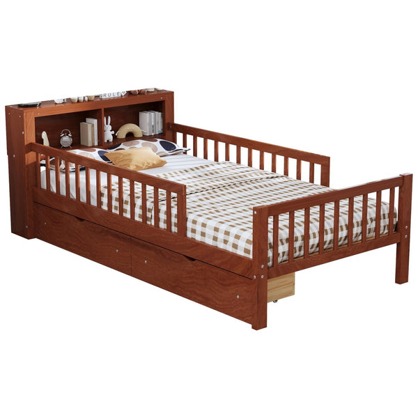 English Elm Twin Bed With Walnut Finish, Headboard Storage, Two Under-Bed Drawers & Safety Guardrails For Kids N733P272374D-GIGA