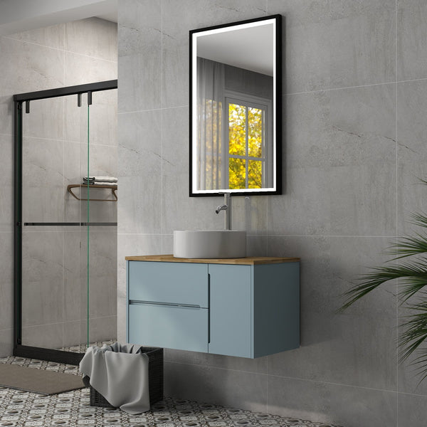 English Elm 36-Inch Wall-Mounted Bathroom Vanity With Blue Cabinet, Natural Wood Top & Round Ceramic Sink Design W3151S00011