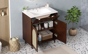 English Elm 30" Rattan Front Bathroom Vanity Solid Pine Cabinet with Ceramic Sink and Adjustable Shelf Walnut N710P293988P