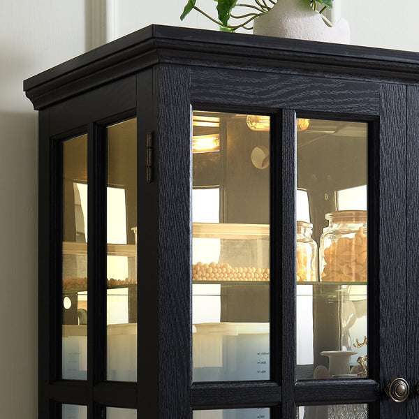 English Elm Curio Black Glass Cabinet with Cherry Finish, Adjustable Shelves, Vintage Lattice Doors & E26 Bulb Included W2275P300144