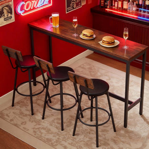 English Elm Bar Table Set with 3 Pu Leather Stools Industrial Steel Frame Rustic Dining Nook W3204P428249