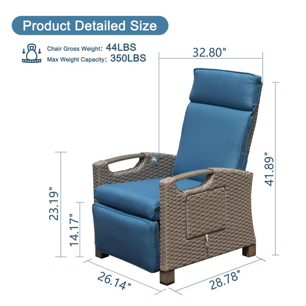 English Elm Outdoor Recliner Chair with Hand‑Woven Resin Wicker, Built‑In Flip Table, Thick Cushions, 150° Recline Blue W1859P196402