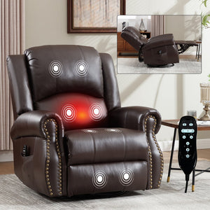 English Elm Heat Massage Rocker Swivel Recliner Chair with Lumbar Relief Nodes for Living Room Brown W3224S00031