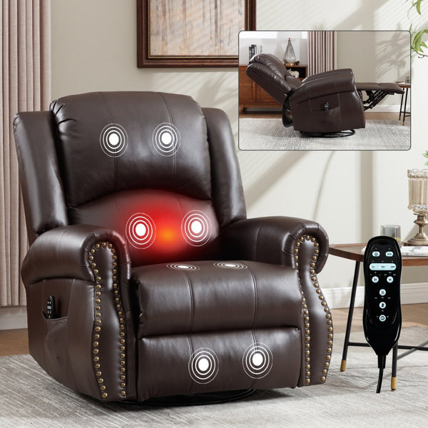 English Elm Heat Massage Rocker Swivel Recliner Chair with Lumbar Relief Nodes for Living Room Brown W3224S00031