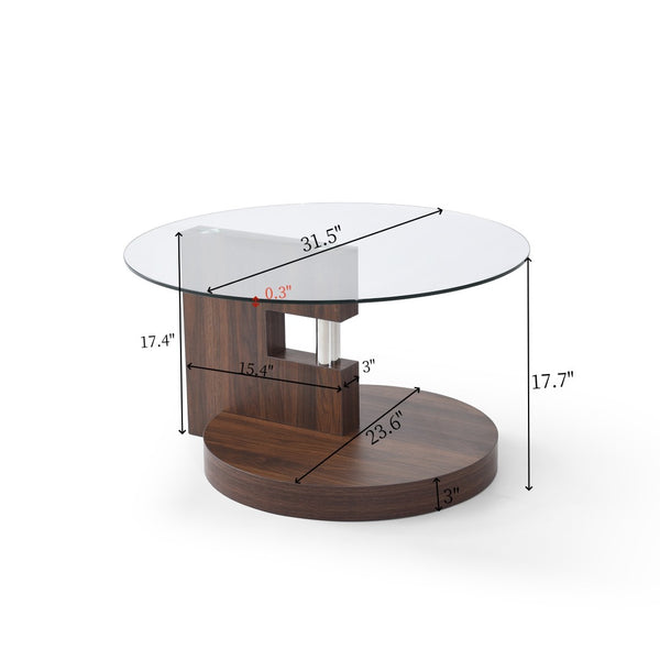 English Elm Modern Round Glass Top Coffee Table with Wood Mdf Base and Open Lower Shelf Walnut,Warm Grey W1117P272167