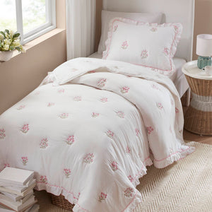 English Elm 2-piece Floral Embroidered Twin Quilt Set Romantic Ruffled Border Soft Down Alternative Fill White+Pink B035P463191