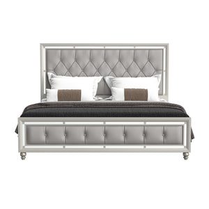 English Elm CHLOE Gemstone Silver Full Bed Frame with Mirror Trim, Detailed Stitching, Solid Wood Support Silver+Grey 82.5 L x 36.75 W x 5.5 H B201S00055
