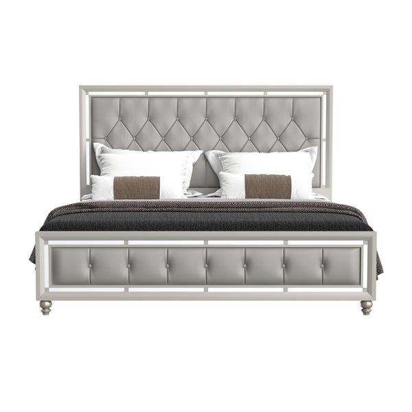 English Elm CHLOE Gemstone Silver Full Bed Frame with Mirror Trim, Detailed Stitching, Solid Wood Support Silver+Grey 82.5 L x 36.75 W x 5.5 H B201S00055