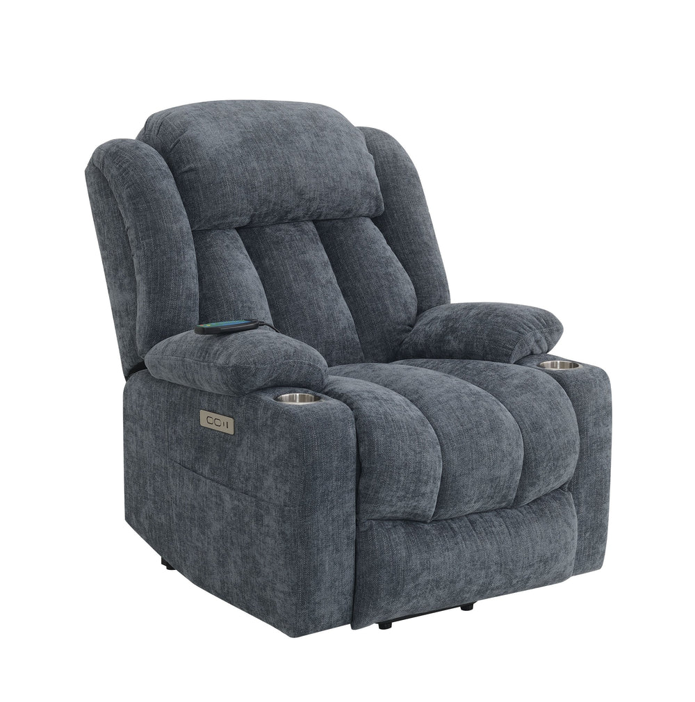 English Elm Omarion Blue Chenille Power Recliner with Lift, Heated Massage, USB, Cup Holders & Space-Saving Design B2726P245482