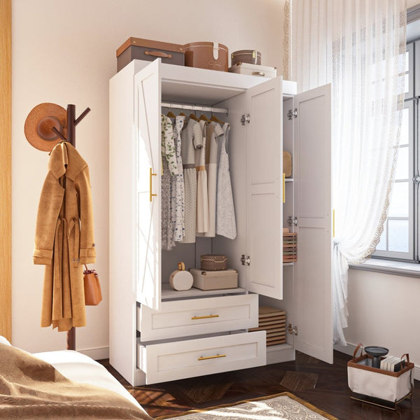 English Elm Shaker Three Door Wardrobe Armoire with Hanging Rod and Shelves for Bedroom White T3210S00005