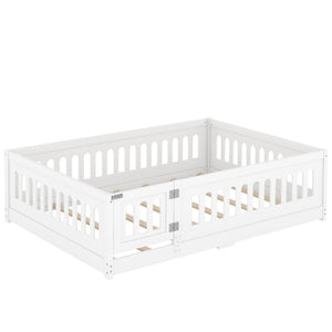 English Elm Full Size Floor Bed With Guardrails & Door - Solid Wood Bedframe For Safe, Stylish Kids' Sleep W1820P240539