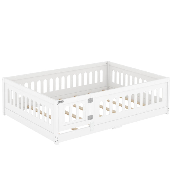 English Elm Full Size Floor Bed With Guardrails & Door - Solid Wood Bedframe For Safe, Stylish Kids' Sleep W1820P240539