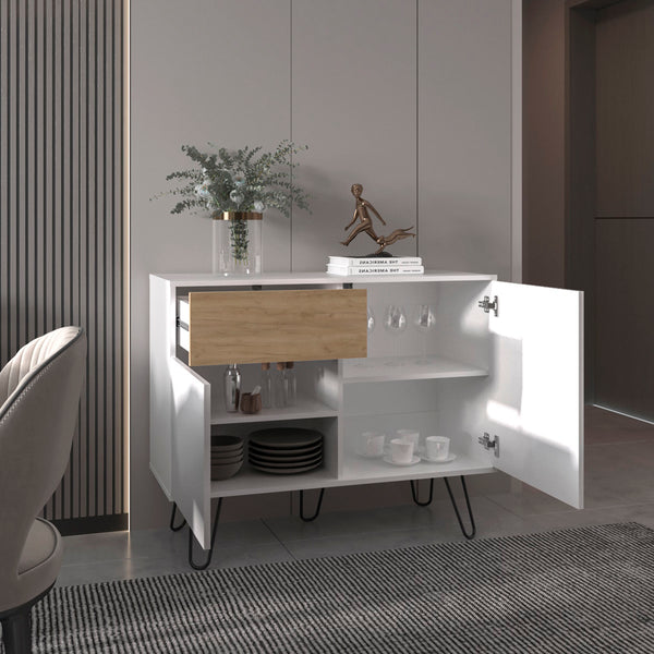 English Elm Sideboard, White & Natural Oak Finish with 2 Doors 1 Drawer 4 Shelves Durable Engineered Wood Storage Elegance B097P296818