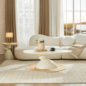 English Elm 47.27" Lucky Stone Oval CoffeeTable with Sculptural Stacked Pebble Base, Minimalist Fiberglass Centerpiece Milk White W2664S00045