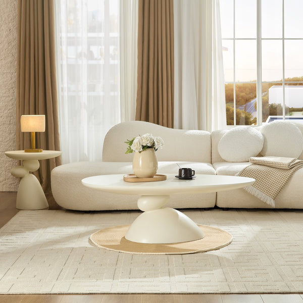 English Elm 47.27" Lucky Stone Oval CoffeeTable with Sculptural Stacked Pebble Base, Minimalist Fiberglass Centerpiece Milk White W2664S00045