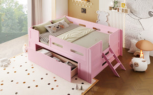 English Elm Wood Twin Platform Bed for Kids with Fence Guardrail and Under Storage Drawer Pink N709P385776H