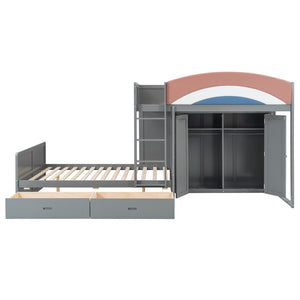 English Elm Full Size Offset Bunk Bed with Wardrobe Hanging Rod Drawers and Upholstered Rail Gray N820S00081E