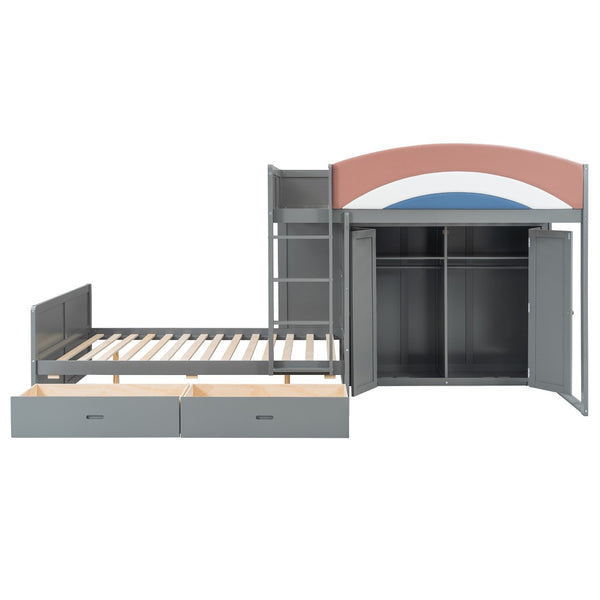 English Elm Full Size Offset Bunk Bed with Wardrobe Hanging Rod Drawers and Upholstered Rail Gray N820S00081E