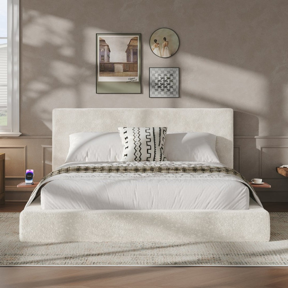 English Elm Airframe Queen Upholstered Bed Chenille Foam Cushion Sliding Shelf Low Profile W1820P465972