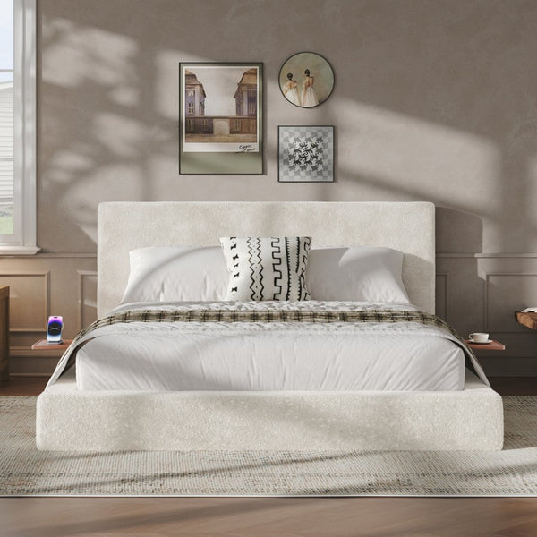 English Elm Airframe Queen Upholstered Bed Chenille Foam Cushion Sliding Shelf Low Profile W1820P465972