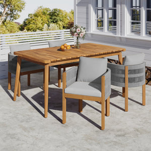 English Elm Christopher Knight Home® - Outdoor Dining Set with Acacia Wood Frames, 63" Slatted Table & 4 Chairs with Waterproof Washable Cushions Grey,Teak N779P269291N_N779P279983G-2