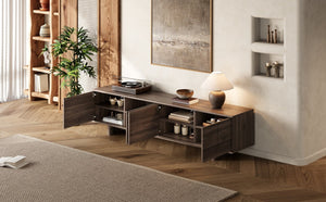 English Elm 78 Inch Low Profile Media Console with Pine Legs Soft Close Doors for Living Room N710P429519Q