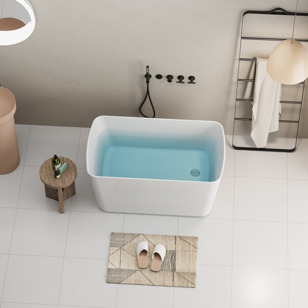 English Elm 49'' Acrylic Freestanding Soaking Tub Square Japanese Sit-in Design Glossy White Bath W1573P412326