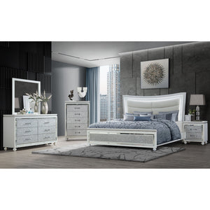 English Elm MALOISE White Dresser with 6 Crystal-Crush Drawer Fronts, Mirrored Accents & Solid Wood Glam Finish B201P226115