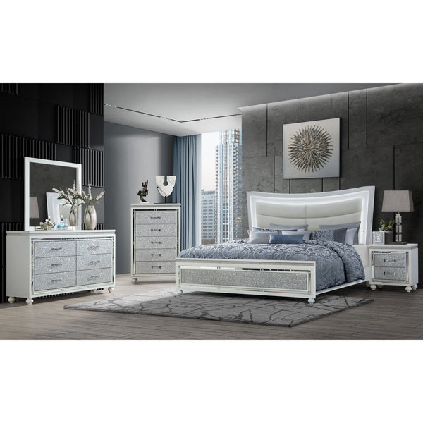 English Elm MALOISE White Dresser with 6 Crystal-Crush Drawer Fronts, Mirrored Accents & Solid Wood Glam Finish B201P226115