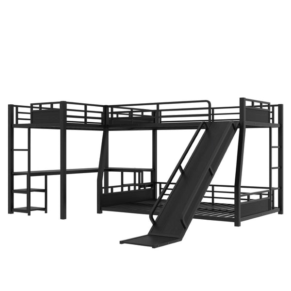 English Elm L-shaped Metal Triple Bunk Bed with Slide Desk Shelves Sleep Study Play Zone W1580S00280