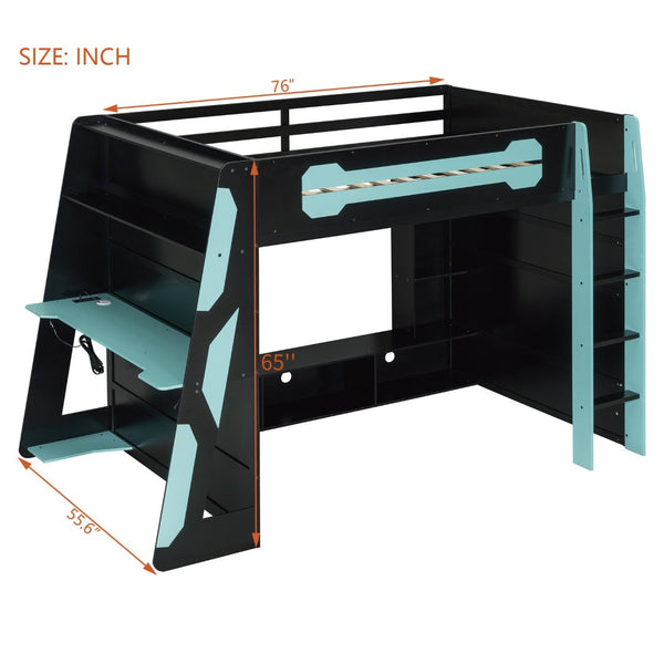 English Elm Full Size Wood Loft Bed with Rgb Lighting Desk Storage and Gaming Console Shelf Blue LT000260AAC