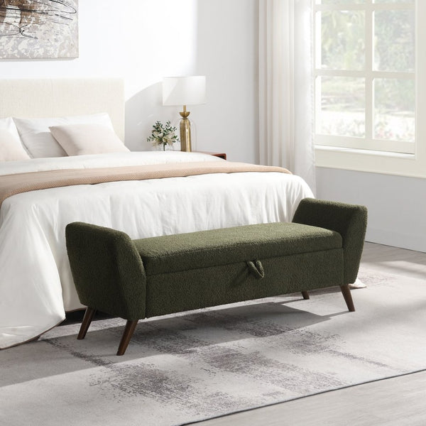 English Elm 60'' Upholstered Storage Bench Teddy Fabric Walnut Legs Mid-century Bedroom Seat Olive Green W2671P388094