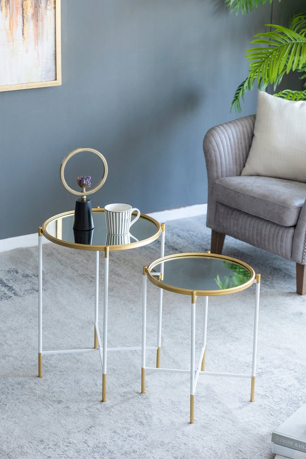 English Elm Set Hannes Nesting Side Tables with Glass Tops Elegant Deco-Modern Metal Frame for Living Rooms Gold+White W2078P394084