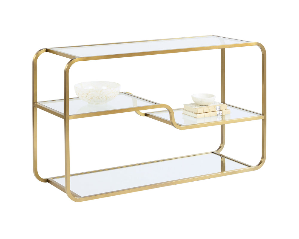 Sunpan Silvia Console Table - Elegant Gold Stainless Steel Frame with Clear Glass Shelves & Mirrored Base