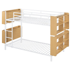 English Elm Twin Metal Bunk Bed with Built-In Headboard Storage and Footboard Shelves, Sturdy Space-Saving Design White SF000176AAK