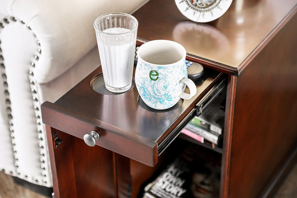 English Elm Modern USB Nightstand with Pull-Out Cup Holder, Hidden Cabinet Storage & Built-In Power Docking Station Cherry 28 L x 16 W x 28 H B011P191196