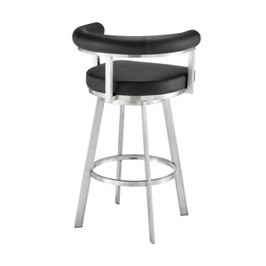 English Elm Pryden 30" Swivel Bar Stool Brushed Stainless & Black Faux Leather — 360° Swivel, Easy-Clean Comfort B2736P354321