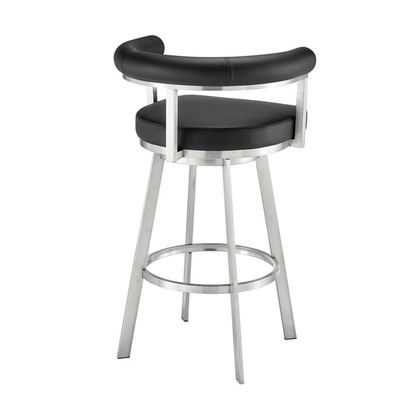 English Elm Pryden 30" Swivel Bar Stool Brushed Stainless & Black Faux Leather — 360° Swivel, Easy-Clean Comfort B2736P354321