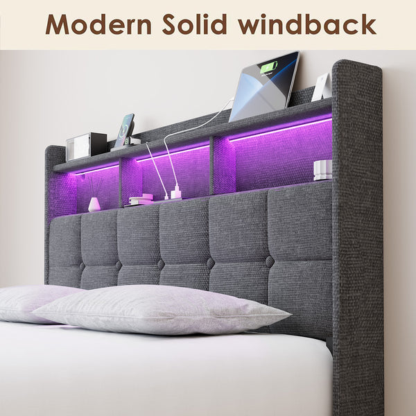 English Elm Queen LED Linen Platform Bed with USB-C/A Charging, 2 Drawers, Memory Foam Headboard, Light Gray W1550P190365