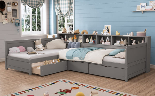 English Elm Twin Corner Daybed with Storage Drawers Bookshelf Wood L-shape Frame for Small Rooms Grey N733S369272E